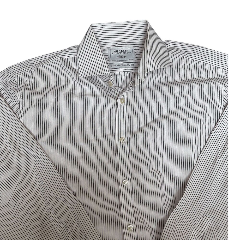 Charles Tyrwhitt Shirt Mens 16.5-33 Purple Stripe Button‎ Up Non Iron Extra Slim